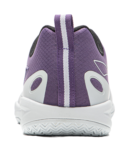 Purple heel of a white and purple table tennis shoe with striped pull tab