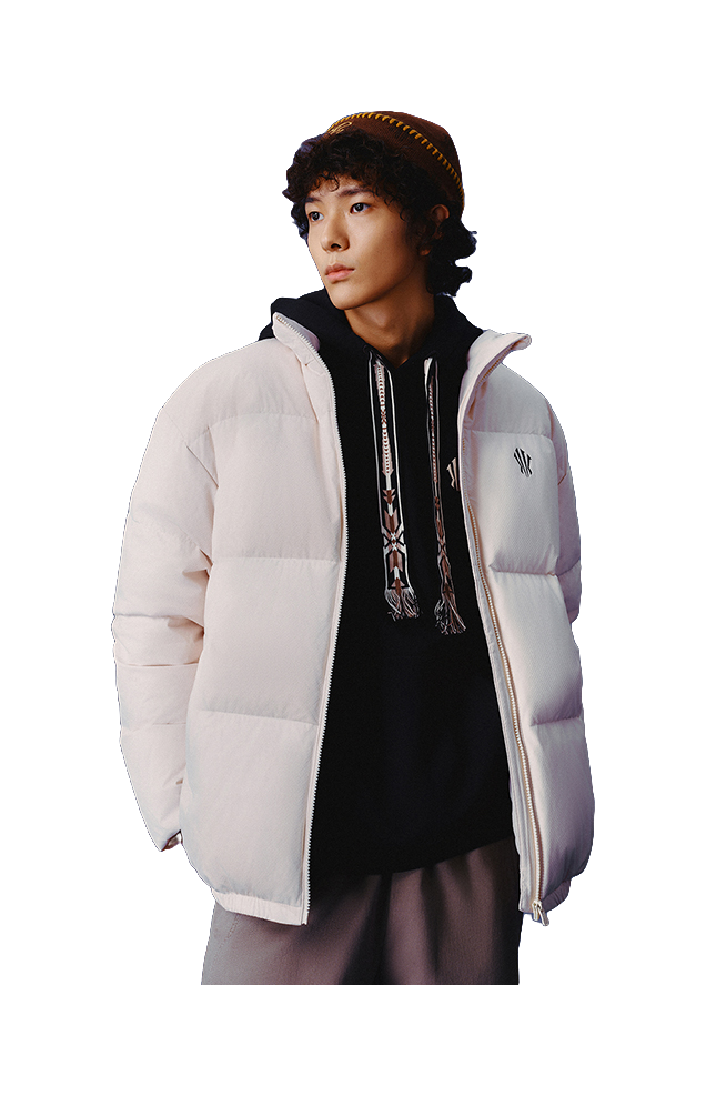Unisex hoodless puffer jacket, stand collar, light color, full zip front