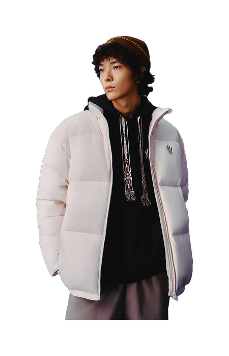 Unisex hoodless puffer jacket, stand collar, light color, full zip front