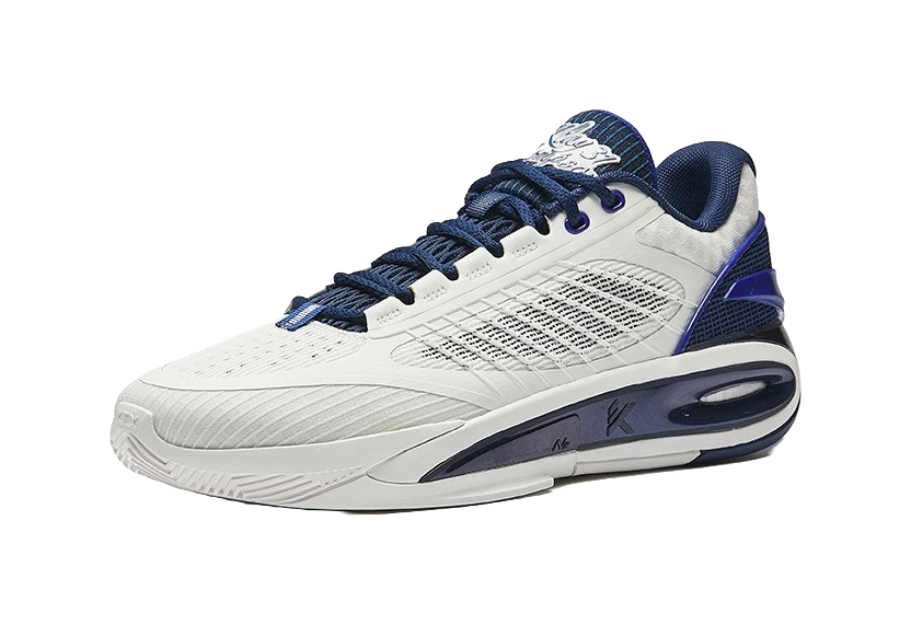 Unisex low basketball shoe, off-white upper with navy laces and blue heel panel