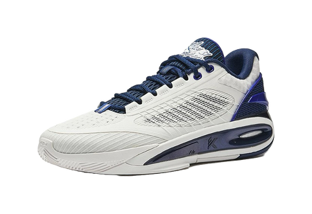 Unisex low basketball shoe, off-white upper with navy laces and blue heel panel