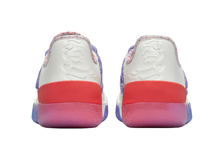 Back view of low basketball shoes, white heel with red block and blue-purple sole