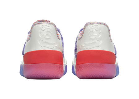 Back view of low basketball shoes, white heel with red block and blue-purple sole