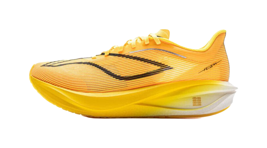 Neon mango yellow running shoe with black stripe and white midsole, side view