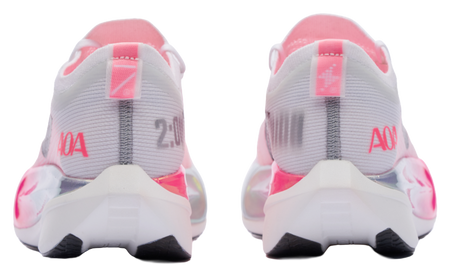 White and pink low running shoes from heel view with AOA branding and cushioned sole