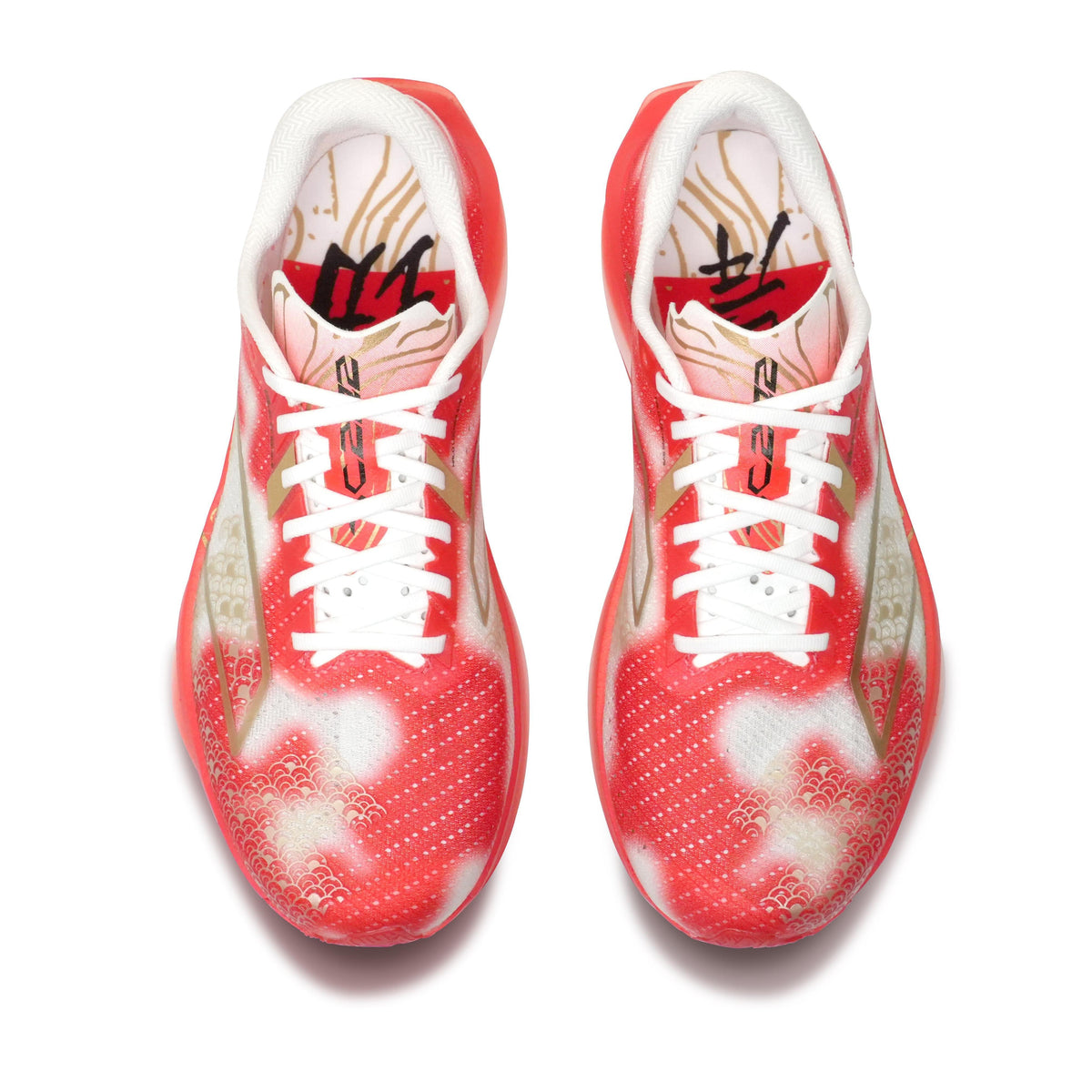 Women’s running shoes front view with red/orange koi print, white laces, cushioned collar