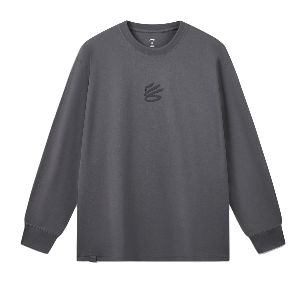 Men's gray long-sleeve T-shirt with small chest graphic and crew neck ribbing