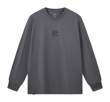 Men's gray long-sleeve T-shirt with small chest graphic and crew neck ribbing