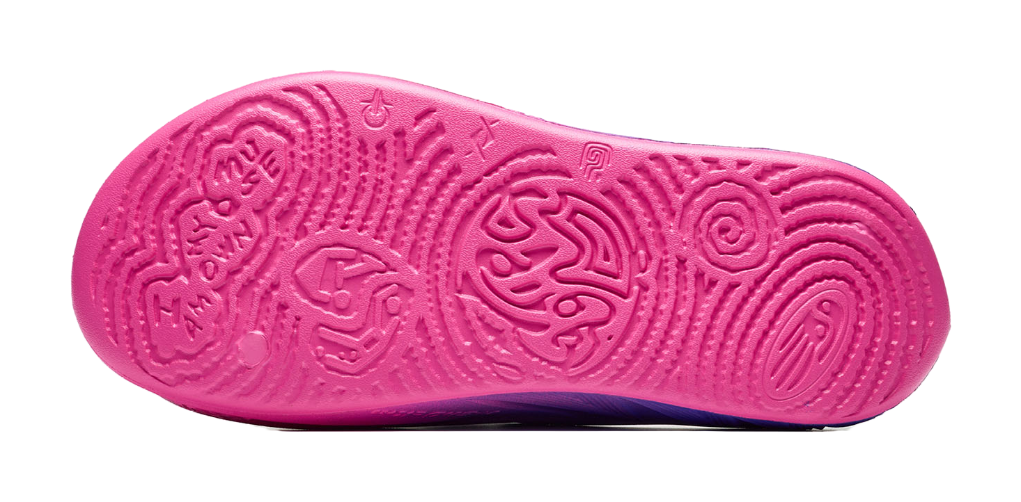 Unisex slide sandal outsole bottom with pink tread pattern and grip circles
