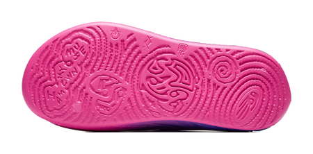 Unisex slide sandal outsole bottom with pink tread pattern and grip circles