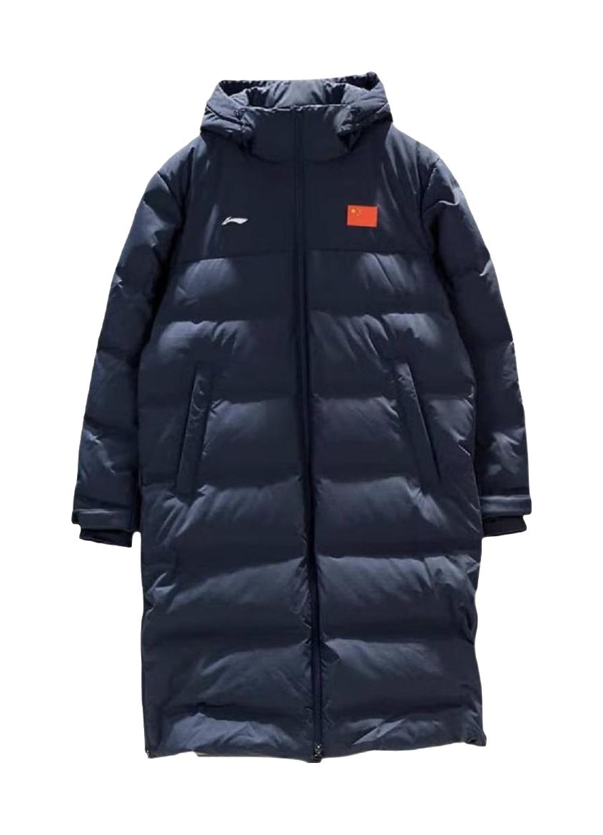 Li Ning Qingmu unisex long down jacket, hood, full-zip, dark blue, logo patch