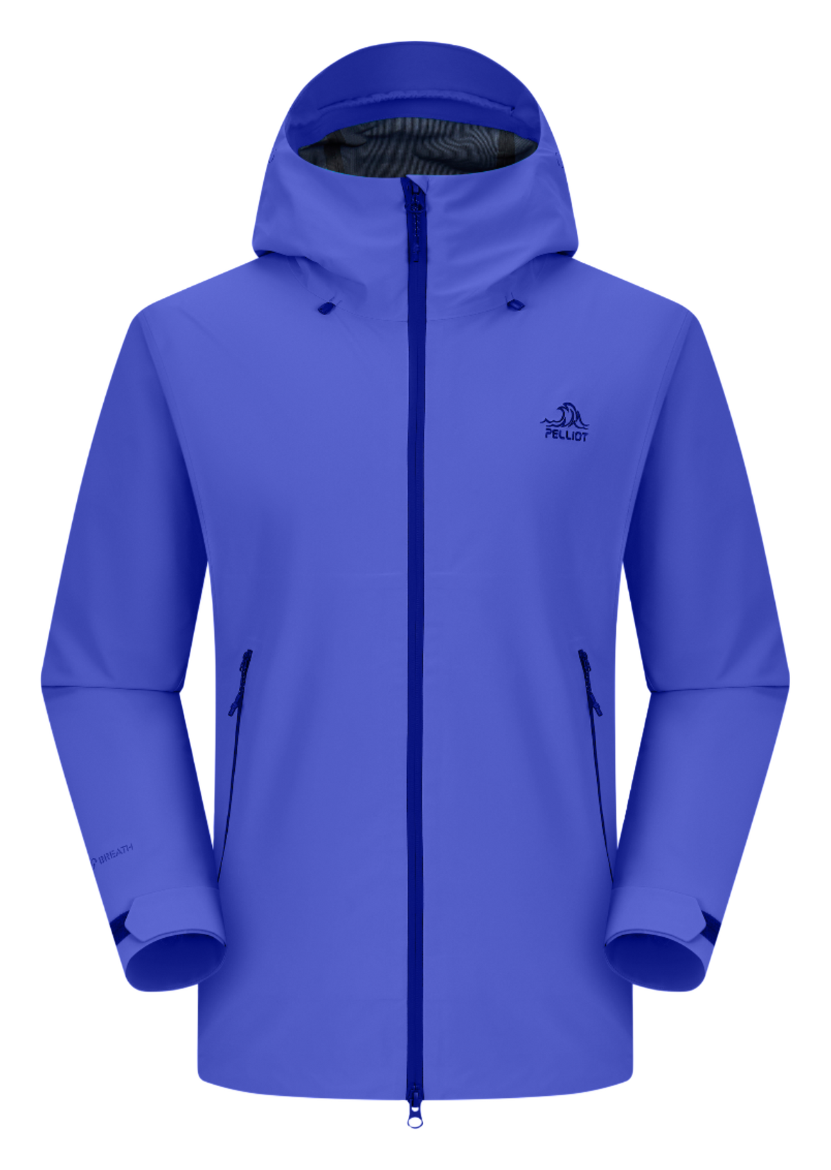 Unisex rock shell hard shell windbreaker jacket with attached hood, zip front, royal blue.