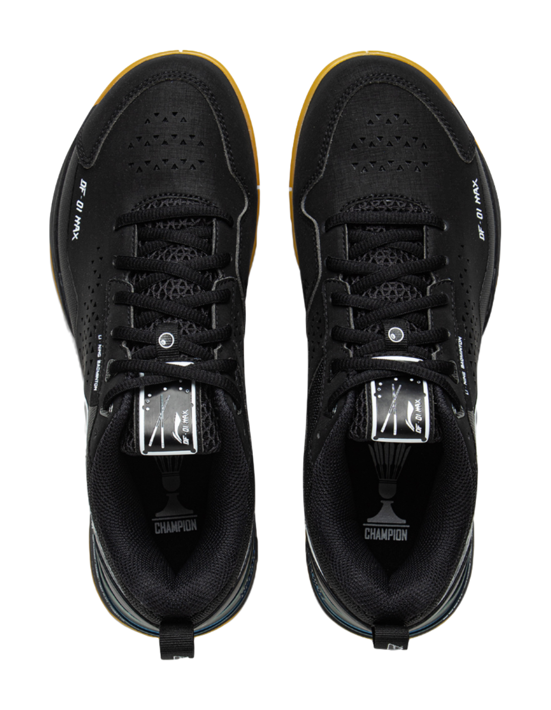 Black badminton shoe front view with lace-up closure, perforated toe, and tongue graphic.