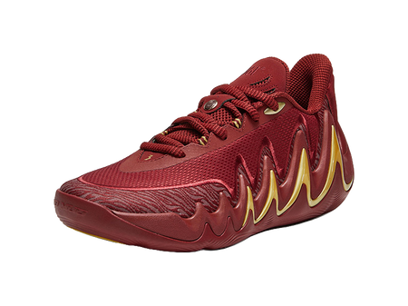 Men's low-top basketball shoes with lace-up burgundy vamp and yellow side trim