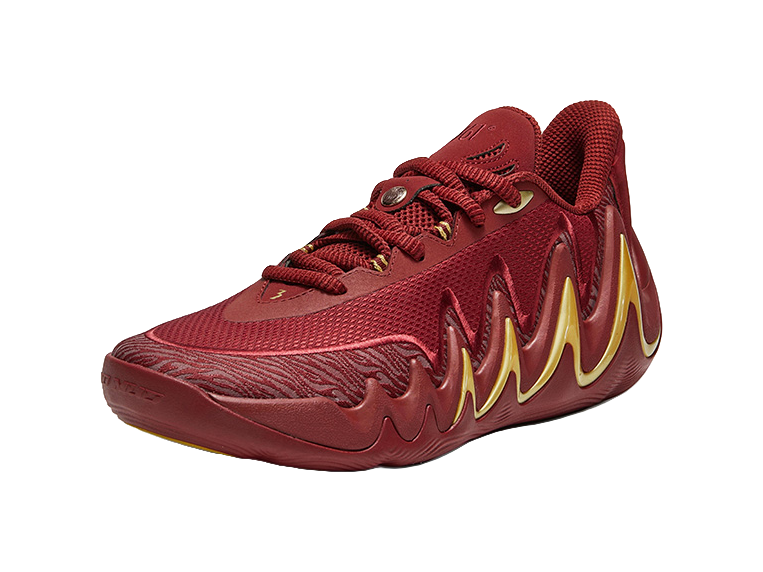 Men's low-top basketball shoes with lace-up burgundy vamp and yellow side trim