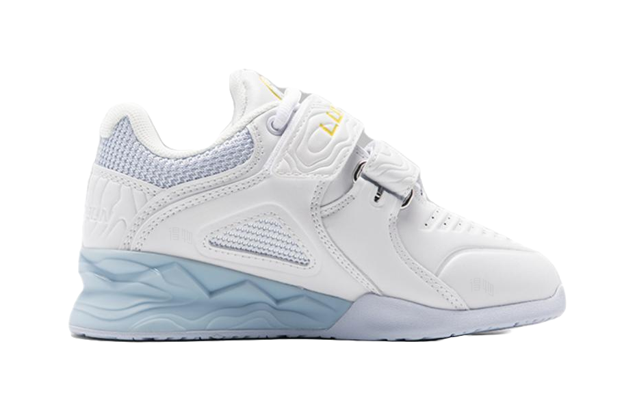 White low-top training shoe with light-blue sole and textured side panel