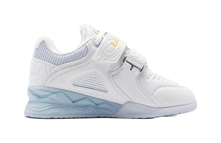 White low-top training shoe with light-blue sole and textured side panel