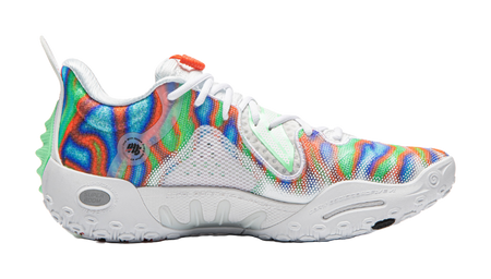 Li-Ning unisex basketball shoe, three-quarter view, rainbow upper with white laces and teal lining