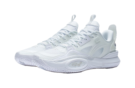 Pair of white basketball shoes, lace-up design and patterned overlays