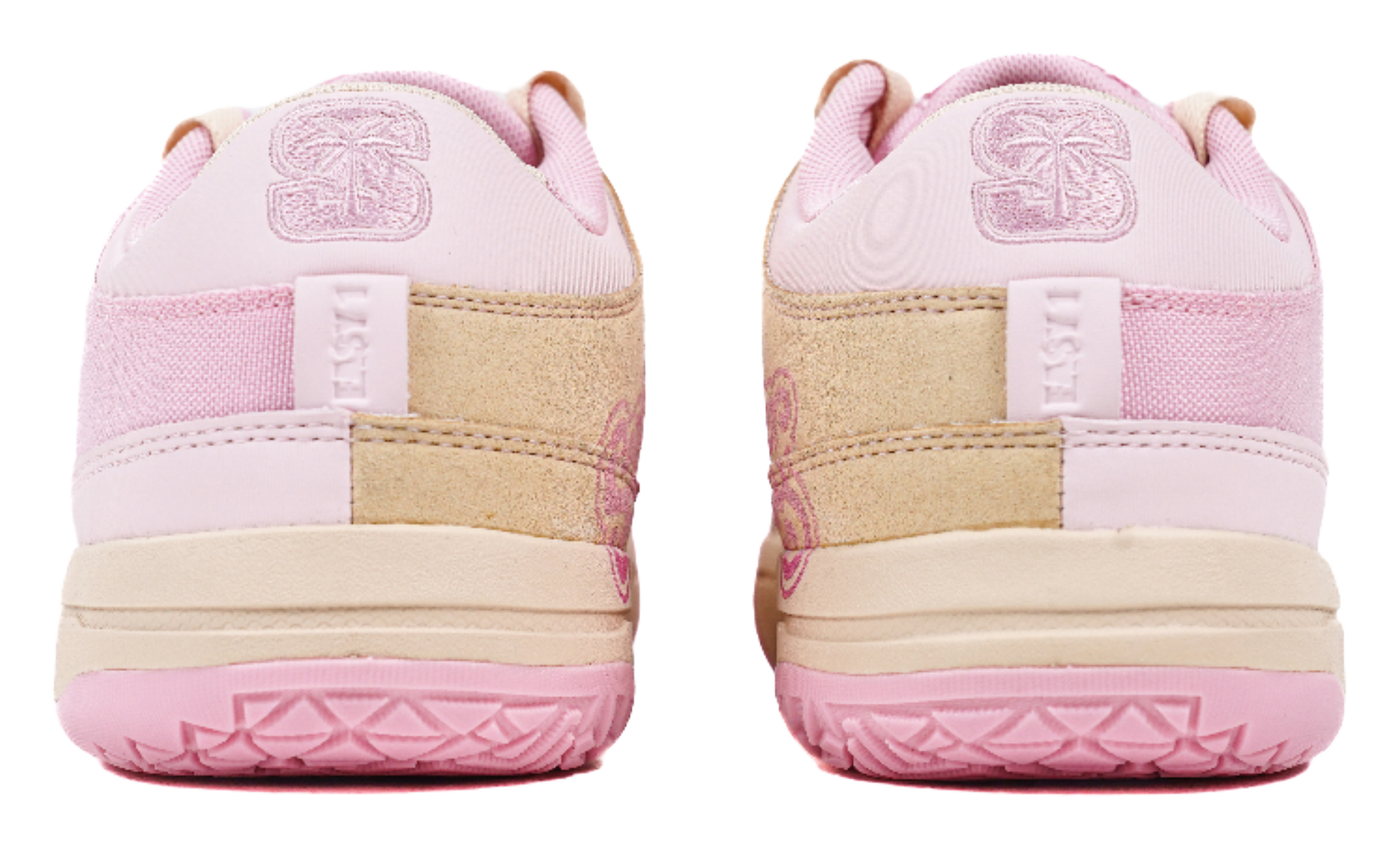 Back view of pink basketball sneakers with cushioned heel and beige panels