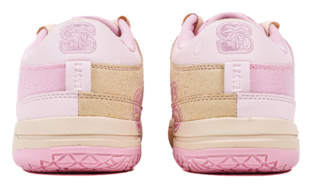 Back view of pink basketball sneakers with cushioned heel and beige panels