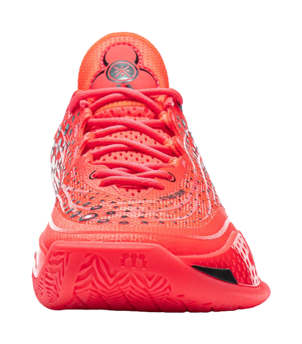 Fluorescent red basketball shoe front view, lace-up knit with padded collar