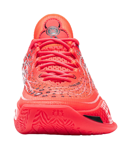 Fluorescent red basketball shoe front view, lace-up knit with padded collar