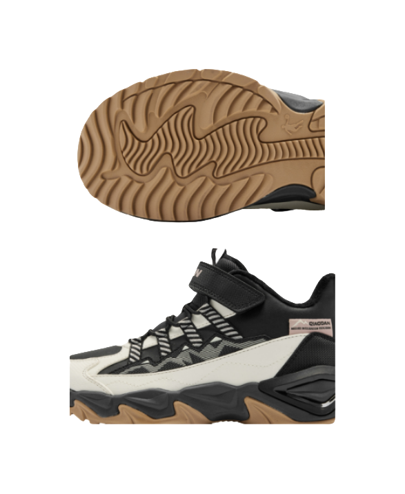 Jordan synthetic leather fabric for peak hiking with added fleece, anti slip, wear-resistant, waterproof, and warm middle cut children's outdoor shoes in black/ivory white for both men and women  VJSNEAKER