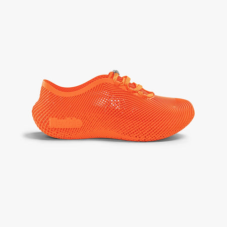 Orange 3D printed sneakers with lace-up front and textured knit upper