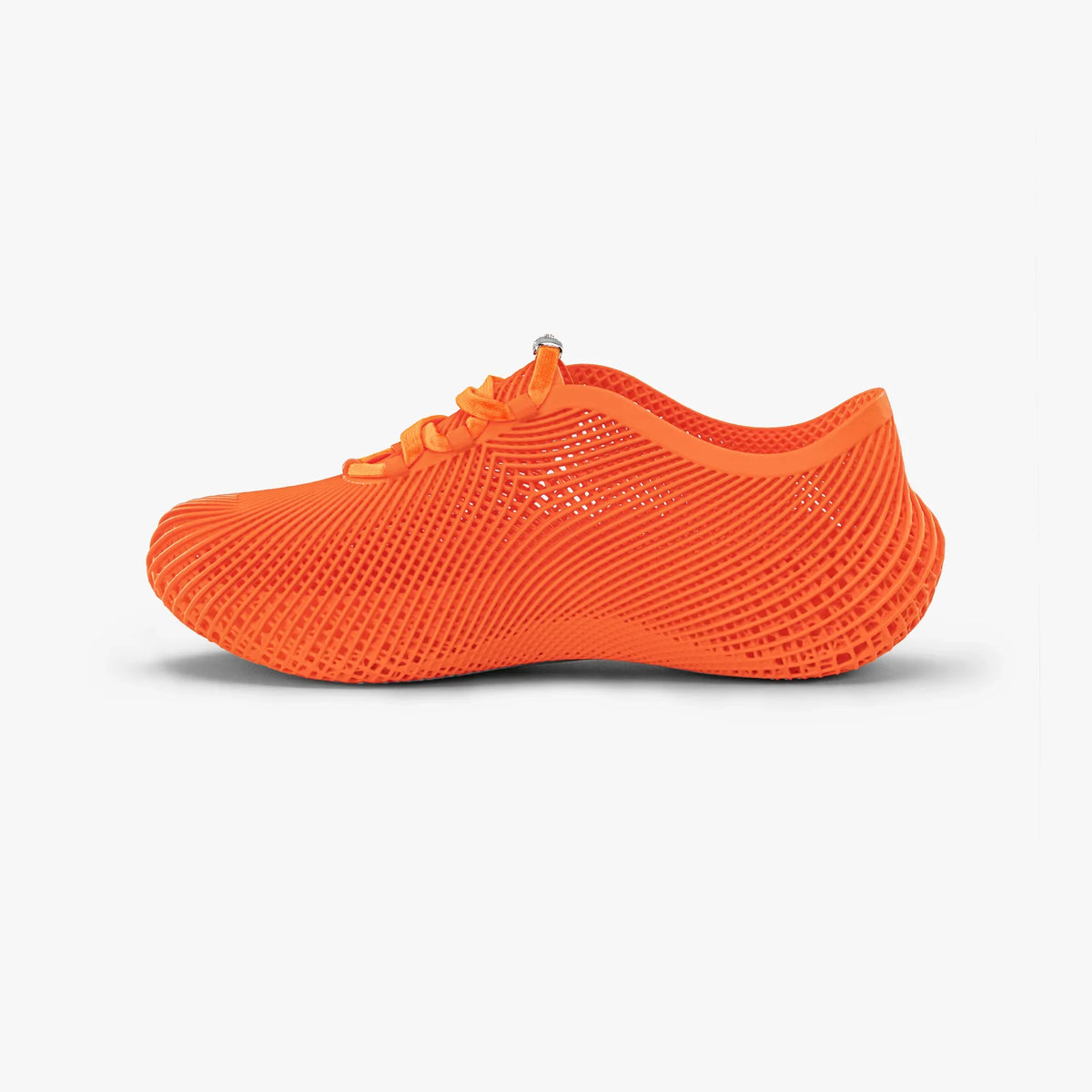 Orange 3D printed sneakers side view with lace-up design and small shine accents