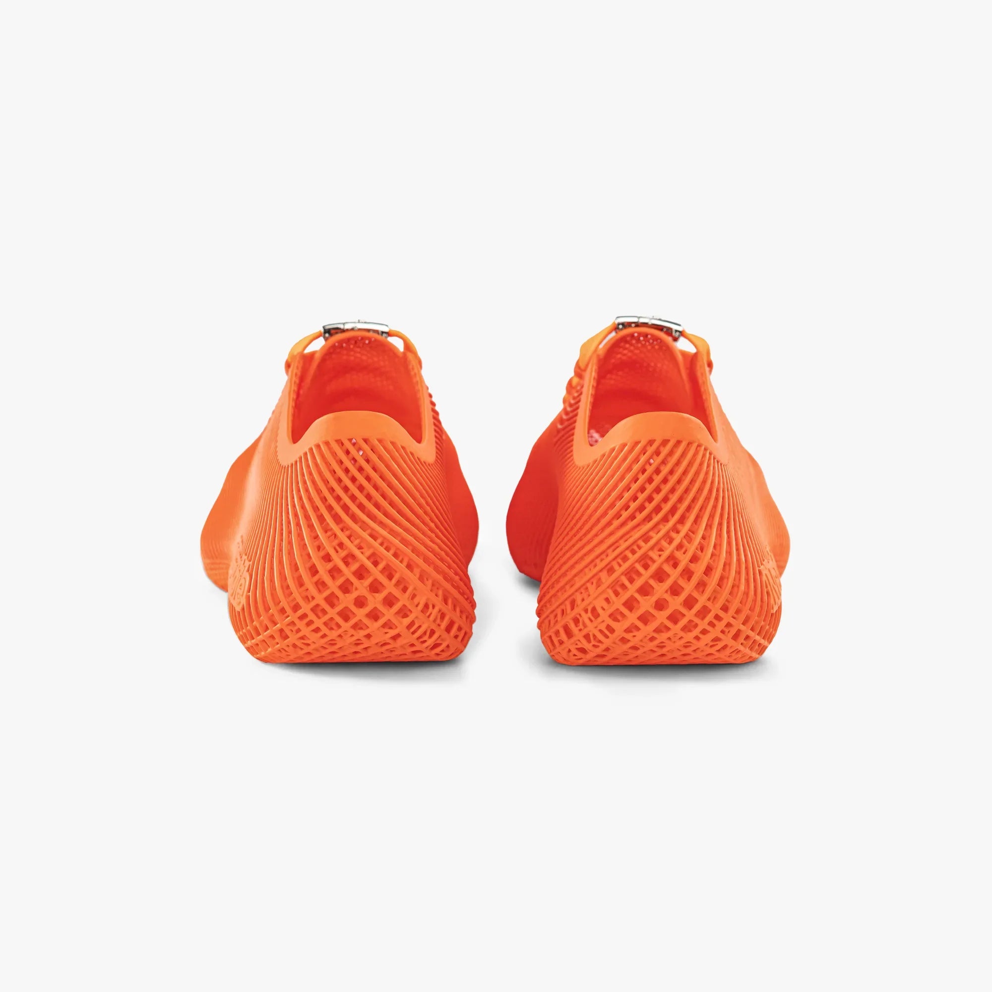 Orange 3D printed sneakers heel view with elastic back tab and lace detail