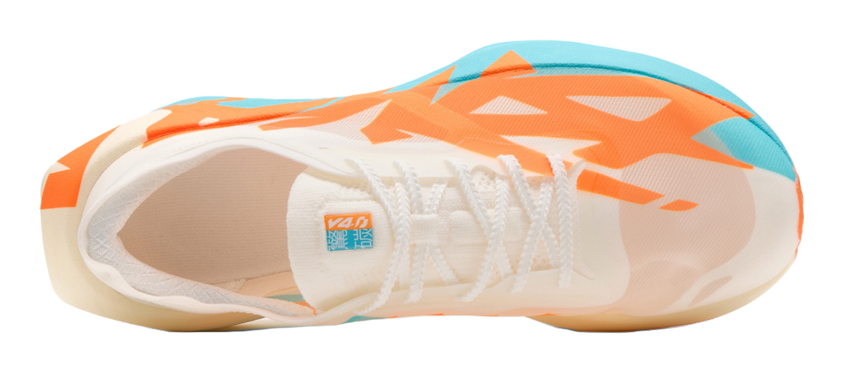 Men's low-top running shoes, white mesh upper with orange graphic and teal side panel