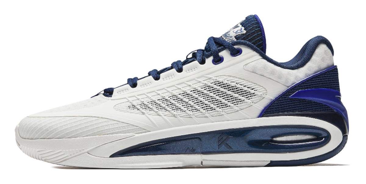 Unisex low basketball shoe, light gray and navy with lace-up and side branding