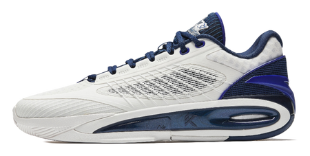 Unisex low basketball shoe, light gray and navy with lace-up and side branding