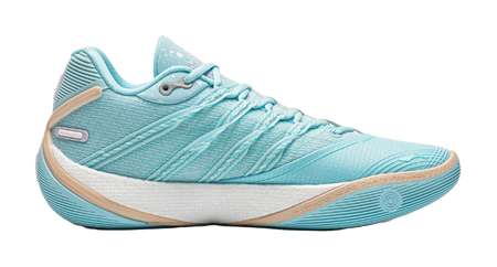 Light blue low basketball sneaker with side strap detail and lace-up closure