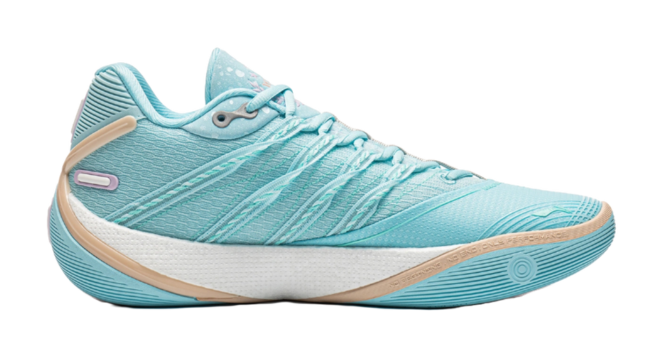 Light blue low basketball sneaker with side strap detail and lace-up closure
