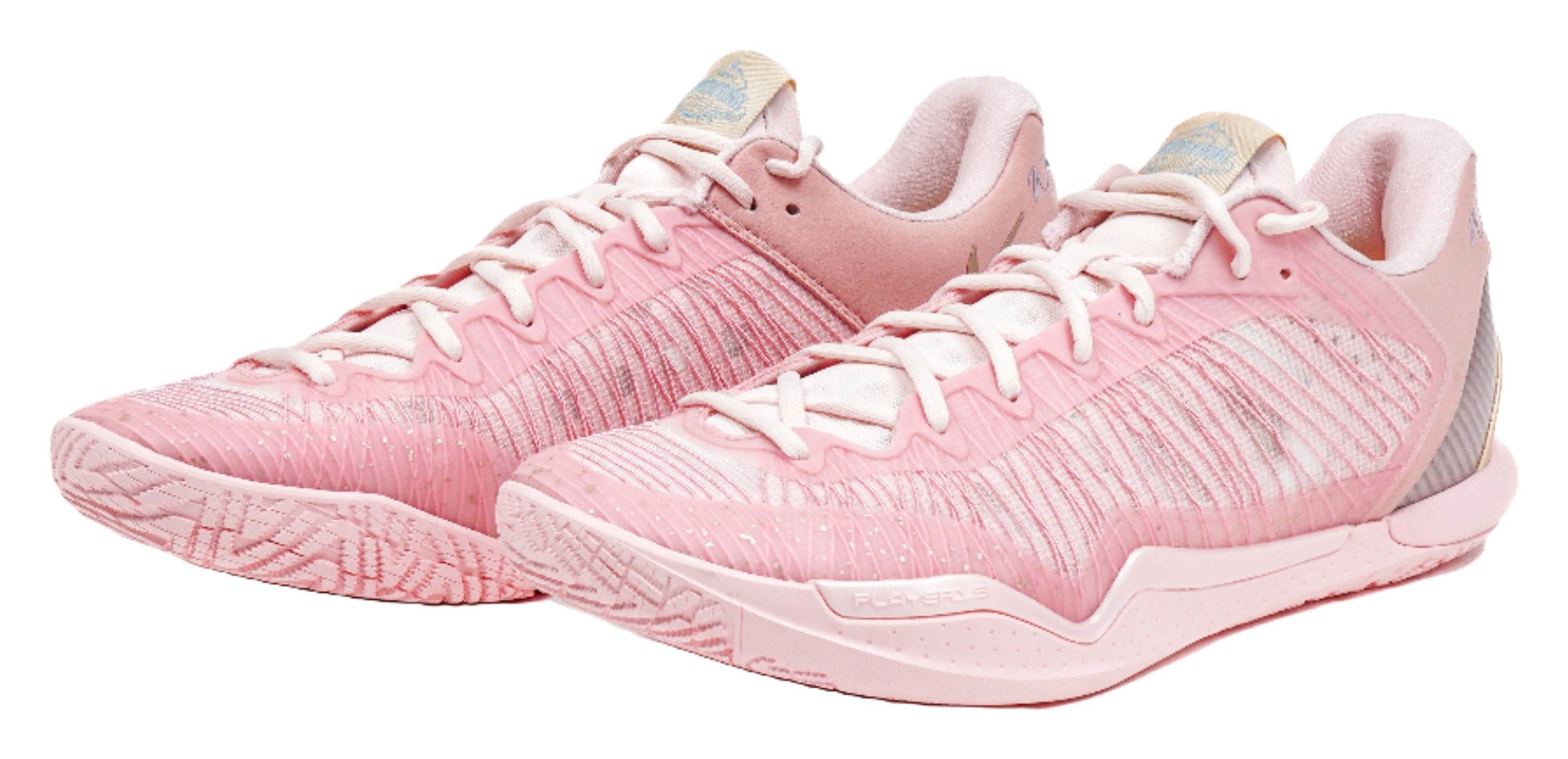 Pink lace-up basketball shoes with ribbed knit texture, padded collar, grippy outsole