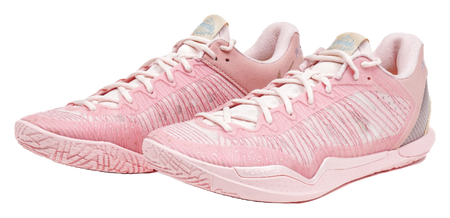 Pink lace-up basketball shoes with ribbed knit texture, padded collar, grippy outsole
