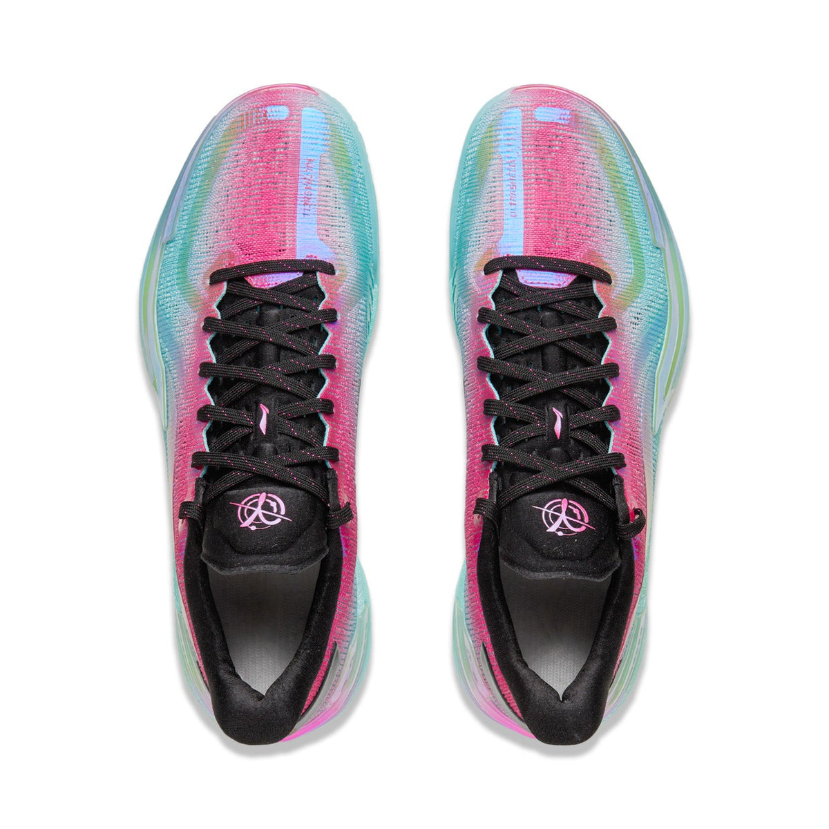 Unisex sneakers, pink-and-mint uppers with black laces and tongue logo patch.