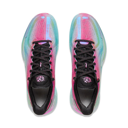 Unisex sneakers, pink-and-mint uppers with black laces and tongue logo patch.