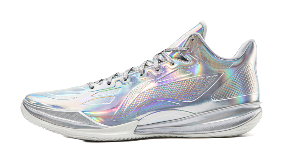 Silver iridescent basketball shoe with lace-up front and sporty side panel