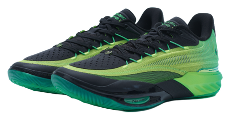 Green and black low-top basketball shoes with green laces and turquoise sole edge