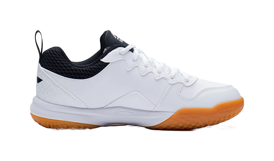 Li Ning low-top badminton shoe, white upper with dark navy collar and gum outsole
