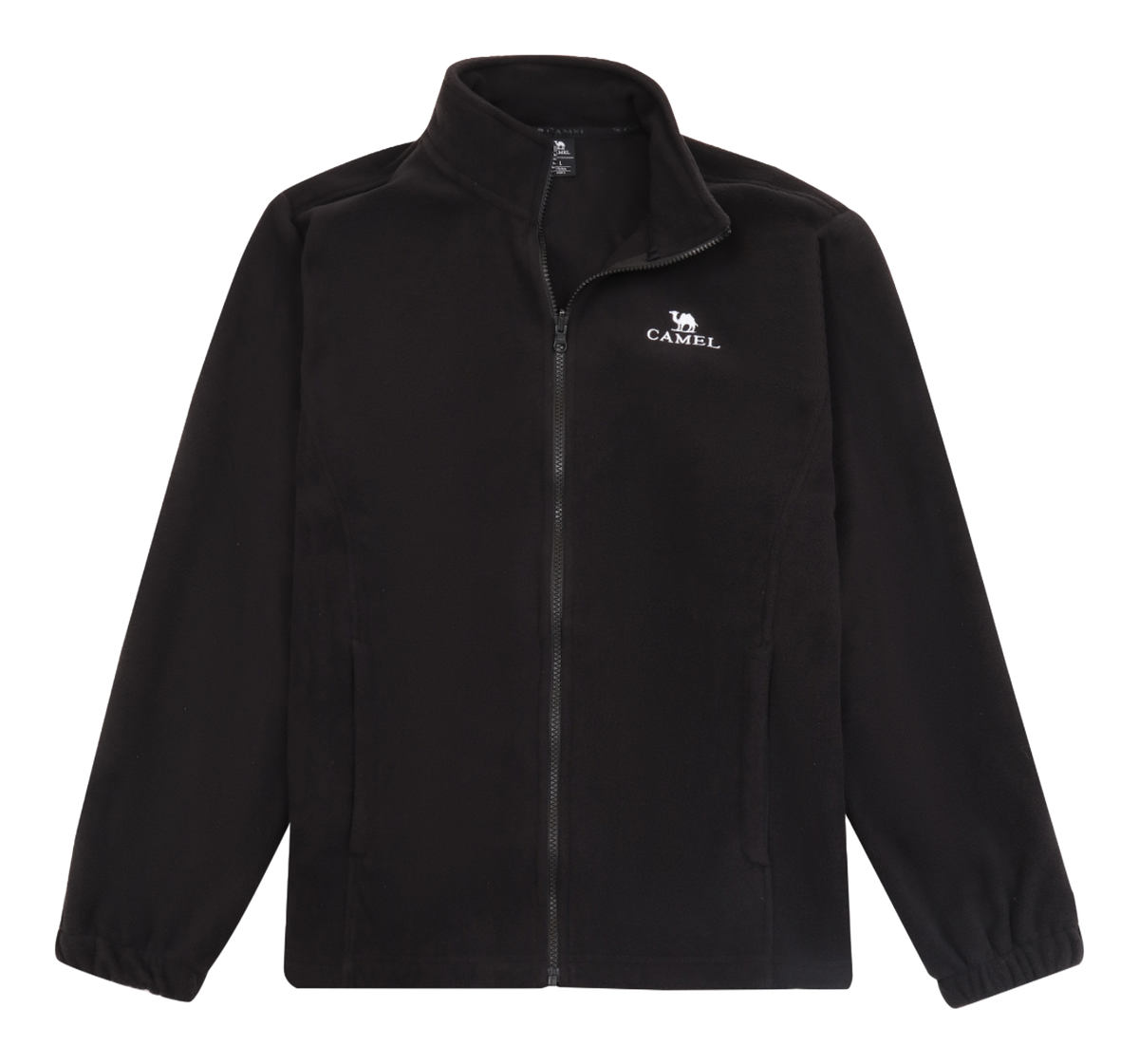 Black zip-up jacket with stand collar and chest logo embroidery.