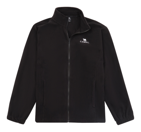 Black zip-up jacket with stand collar and chest logo embroidery.