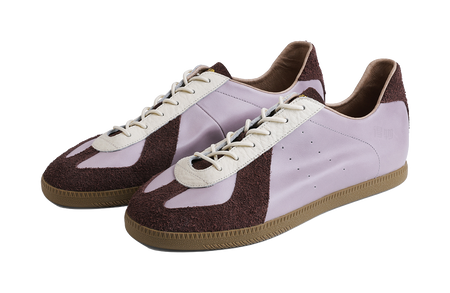 Pair of lavender low-top shoes with white laces and dark brown suede accents, gum sole