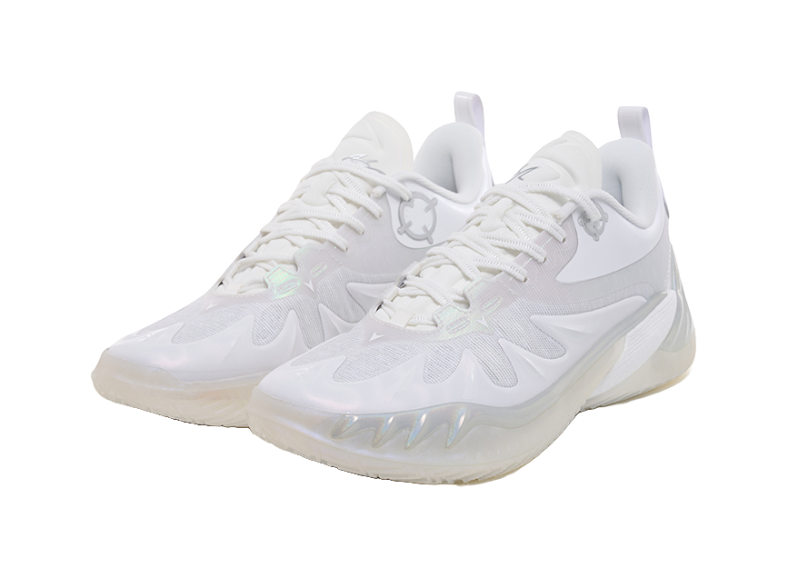 White lace-up basketball shoes with circular logo on tongue and padded heel