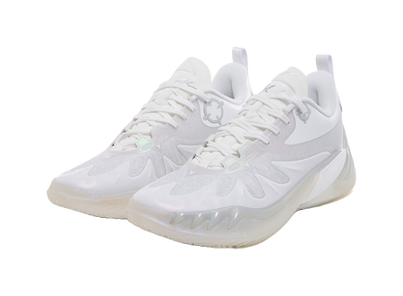 White lace-up basketball shoes with circular logo on tongue and padded heel