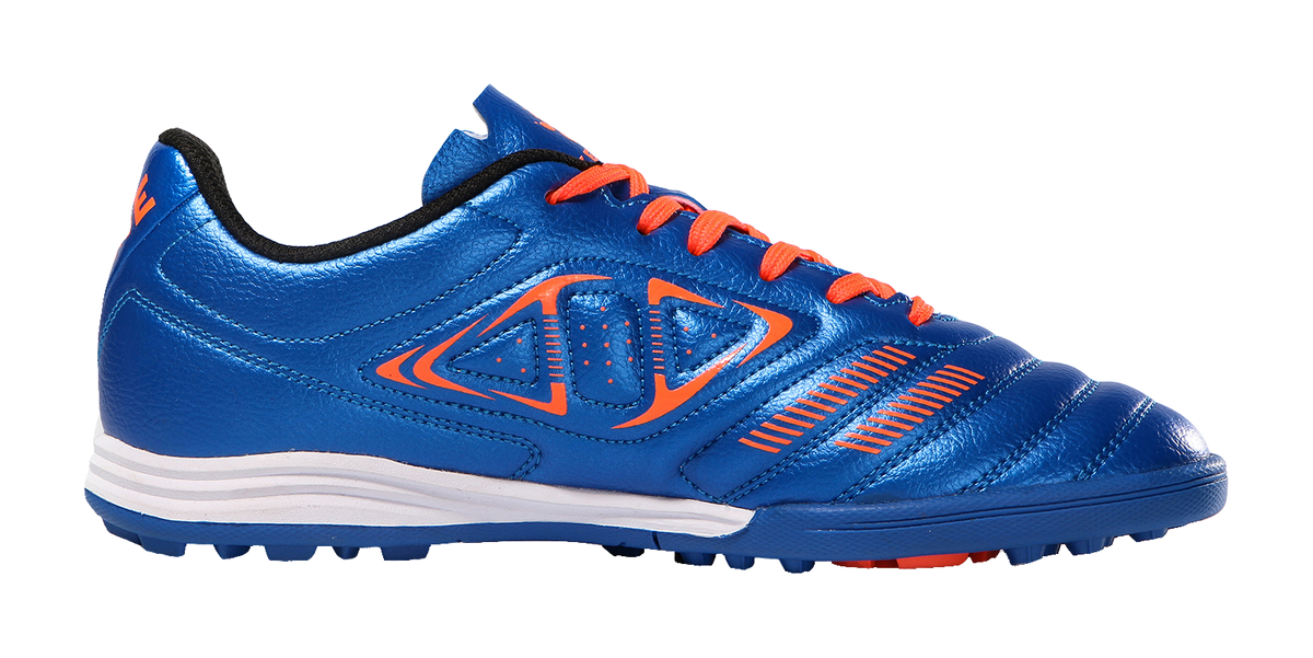 Kelme royal blue TF soccer shoe with orange accents and side stripe detailing