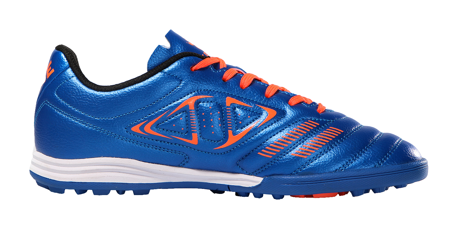 Kelme royal blue TF soccer shoe with orange accents and side stripe detailing